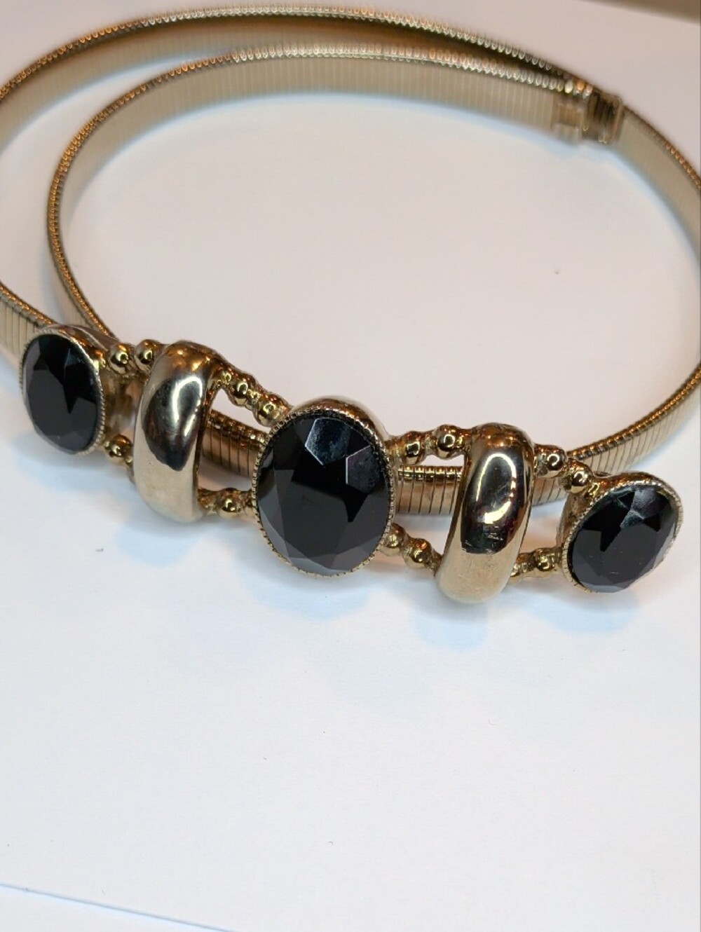 Vintage 80s Belt Accessocraft Stretch Metal Coil Gold Black Faceted Stones